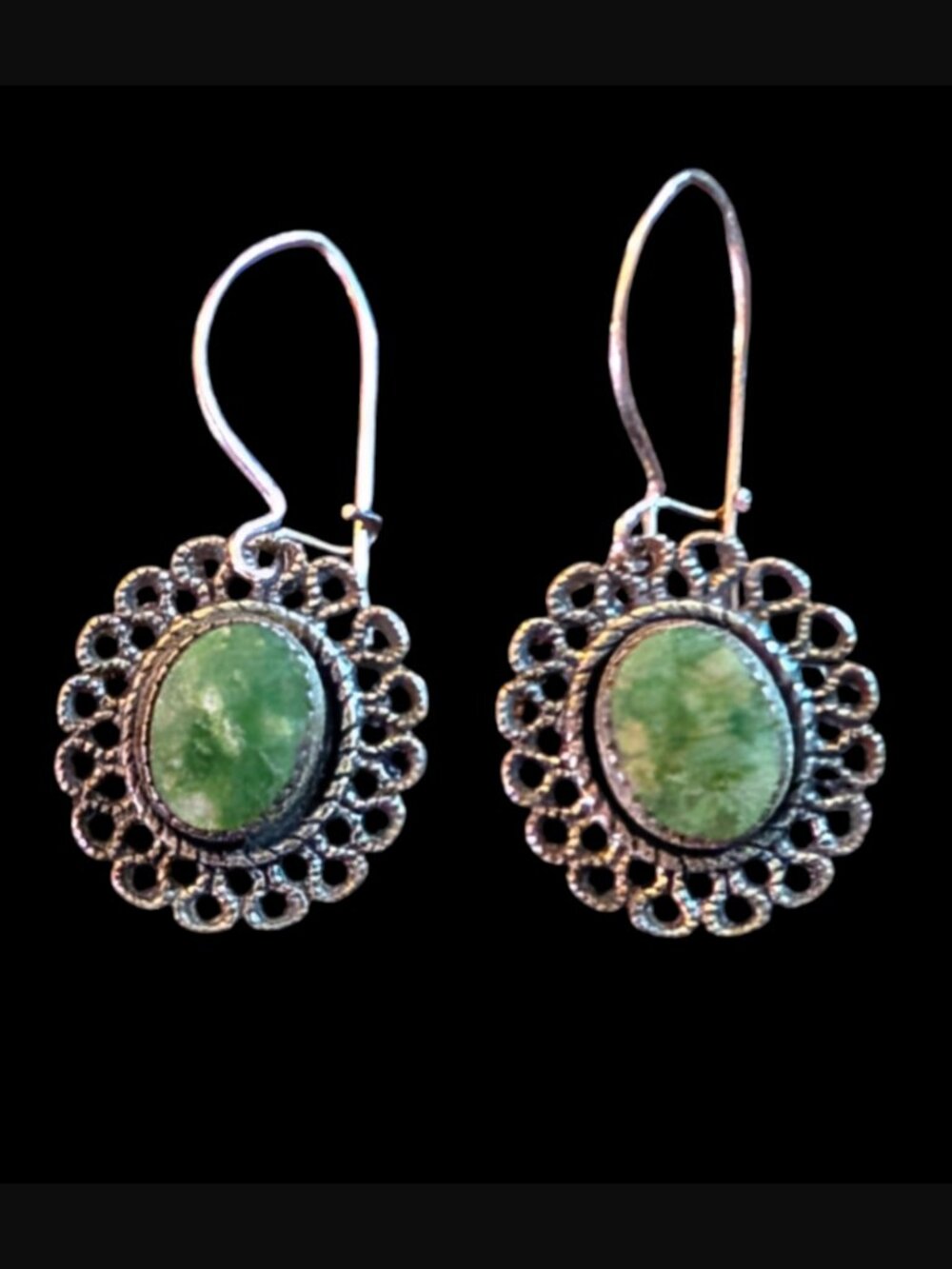 Vintage 1940s 925 Sterling Silver Agite Stone 3" Long Drop Dangle Earrings